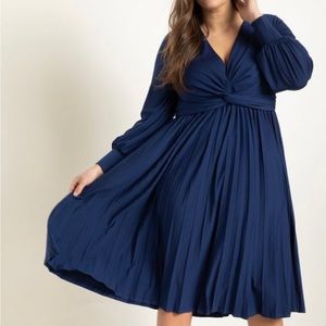 Knot Front Pleated Skirt Dress, Navy, Size 16